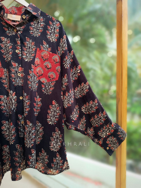 Banjara Black Cotton Oversized Shirt with Bold Floral Motifs