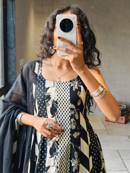 Zorvyn Black Printed Anarkali Set with Panel Design