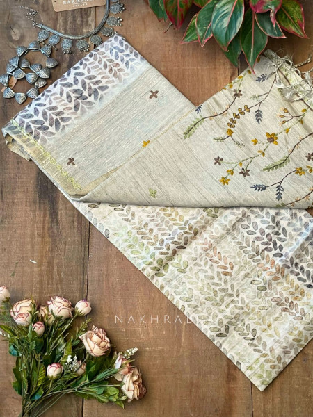 Vadi Raw Silk Green Saree with Leafy Block Print & Embroidery