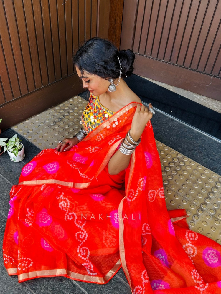 Image of Ritvika Red Bandhani Work &amp; Silver Zari Border Saree