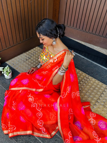 Ritvika Red Bandhani Work & Silver Zari Border Saree