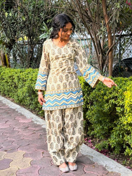 Elvar Off White Cotton Block Print Kurti with Farsi Salwar Set
