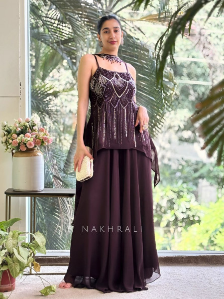 Glam Groove Wine Kurta Palazzo Set with Sequin & Cut Dana Work