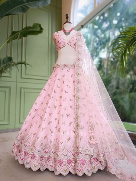 Crown Pink Raw Silk & Soft Net  Unstitched Lehenga