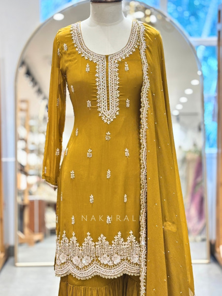 Kanakveli Mustard Gharara Suit Set With Sequin and Cutdana Work