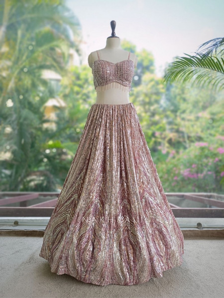 Prismora Peach Net Indo Western Lehenga Set with Sequin Cape and Crystal Tassels