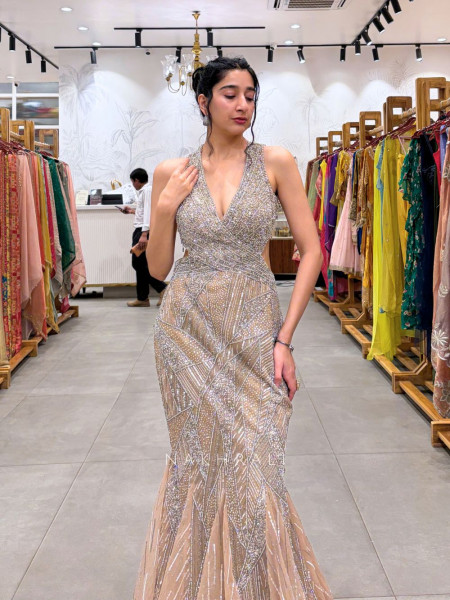 Elora Golden Sequin and Pearl Work Cocktail Gown