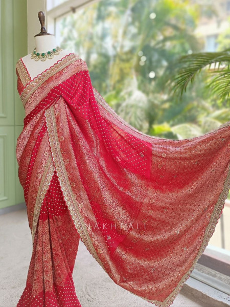 Dharini Red Pure Georgette Silk Blend Bandhani Saree with Banarasi Zari Border
