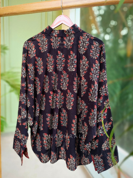 Banjara Black Cotton Oversized Shirt with Bold Floral Motifs