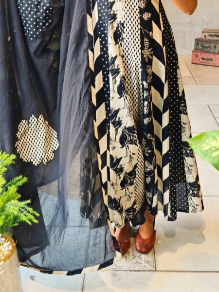 Zorvyn Black Printed Anarkali Set with Panel Design