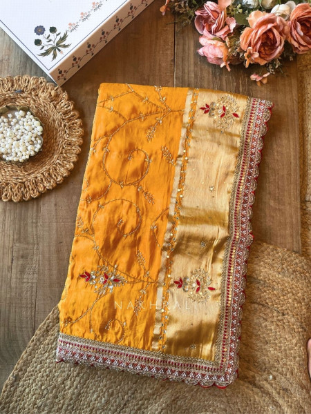 Koshira Yellow Pure Dola Silk Saree WIth Gotta Patti, Resham & Scalloped Zari Border
