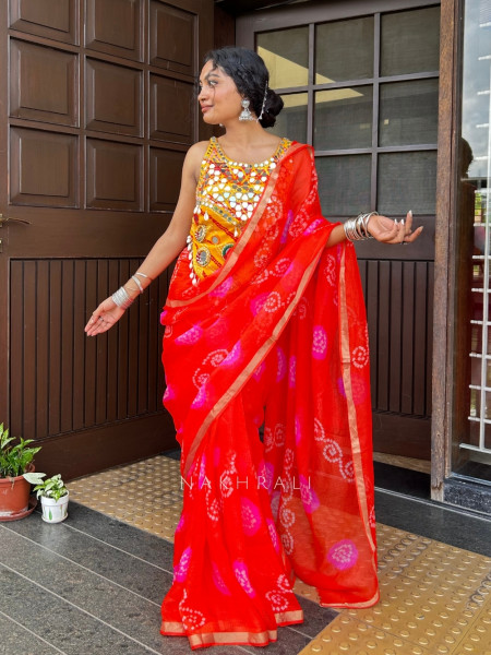 Ritvika Red Bandhani Work & Silver Zari Border Saree