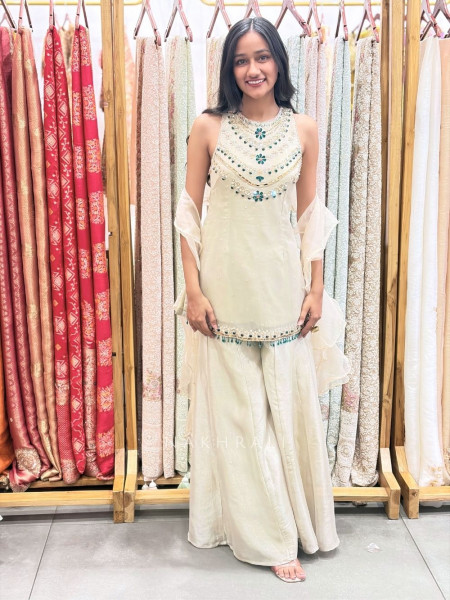 Mohika Cream Suit Set with Stone and Beads Work
