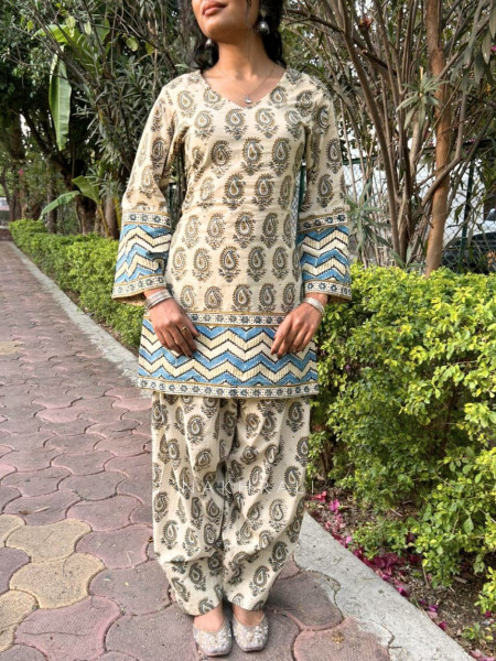Elvar Off White Cotton Block Print Kurti with Farsi Salwar Set