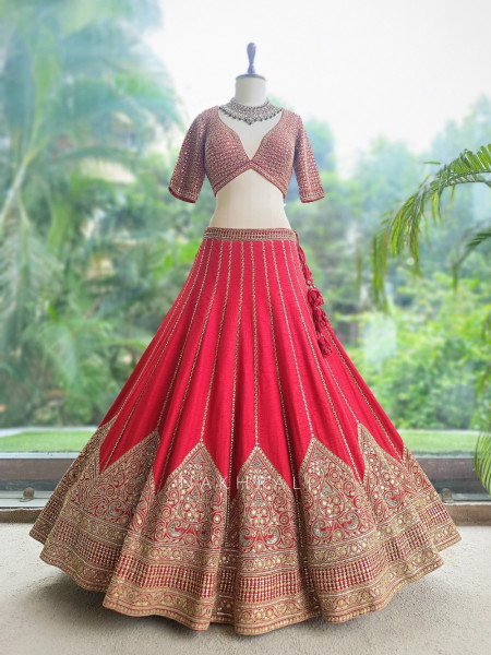 Afreen-Bagh Red Raw Silk or Satin-Georgette Bridal Lehenga