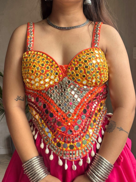 Sheesha Choli – Mirror Work on Orange Corset Blouse
