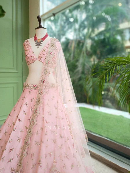 Crown Pink Raw Silk & Soft Net  Unstitched Lehenga