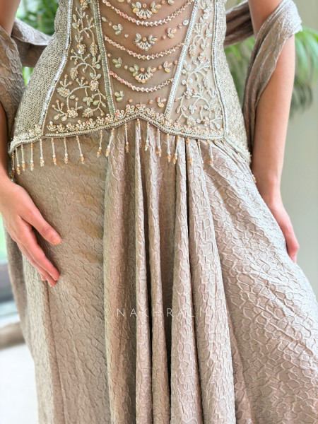 Vivienne Beige Metallic Georgette-Satin Blend Draped Saree