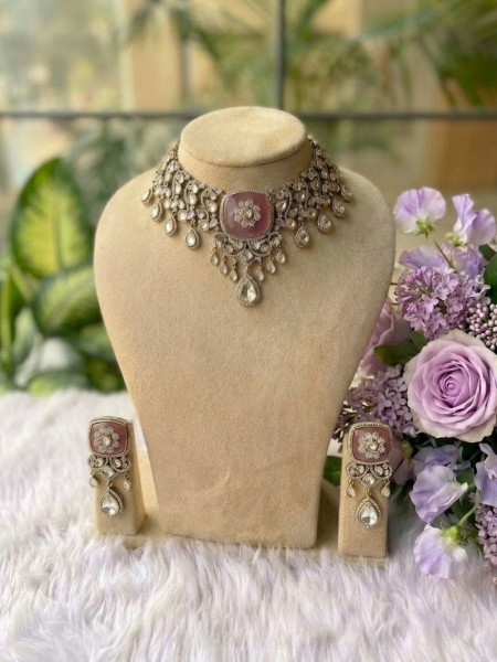 Padmarekha Pink Necklace Set With Stone-Encrusted Choker & Drop Detailing