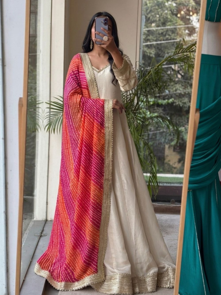 Image of Malhar Magenta Anarkali and Sunrise Bandhani Set