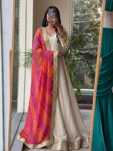 Malhar Magenta Anarkali and Sunrise Bandhani Set