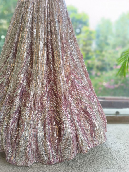 Prismora Peach Net Indo Western Lehenga Set with Sequin Cape and Crystal Tassels