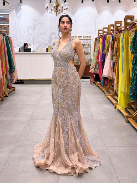 Elora Golden Sequin and Pearl Work Cocktail Gown