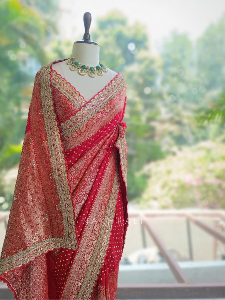 Dharini Red Pure Georgette Silk Blend Bandhani Saree with Banarasi Zari Border