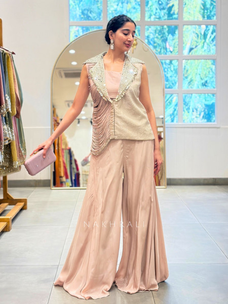 Tivora Beige Indo-Western Palazzo Set with Mirror Work