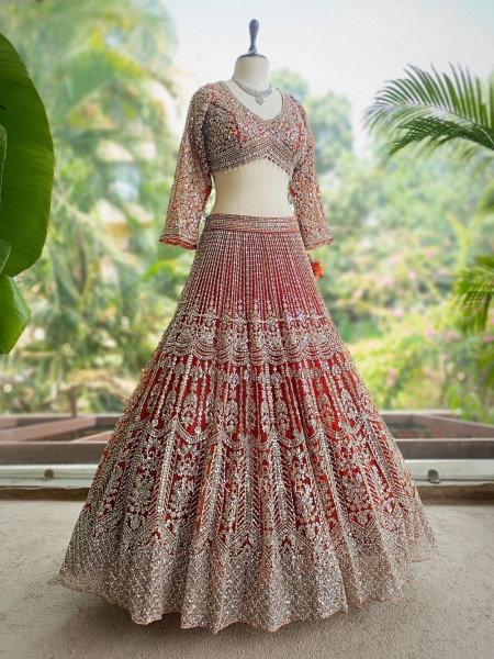 Selene Orange  Bridal Lehenga with Silver Embroidery
