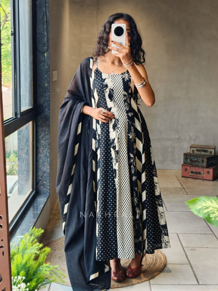 Zorvyn Black Printed Anarkali Set with Panel Design