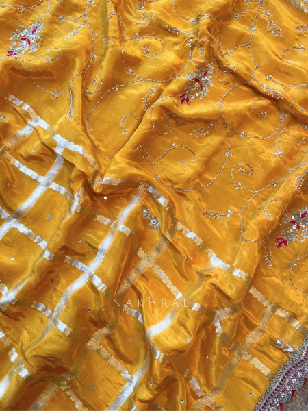 Koshira Yellow Pure Dola Silk Saree WIth Gotta Patti, Resham & Scalloped Zari Border