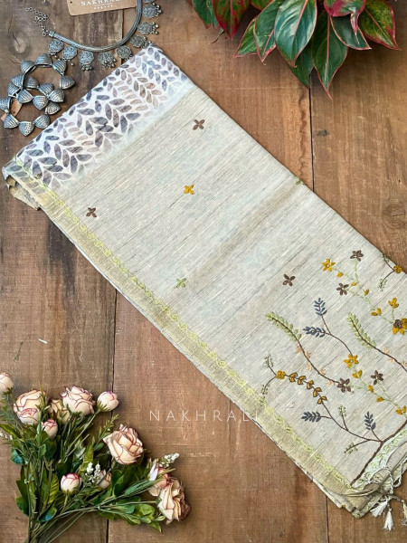 Vadi Raw Silk Green Saree with Leafy Block Print & Embroidery