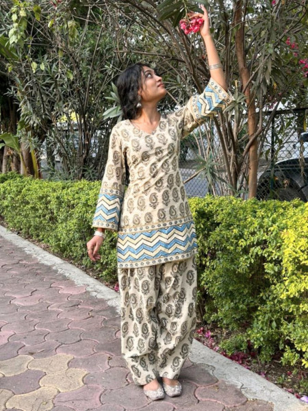 Elvar Off White Cotton Block Print Kurti with Farsi Salwar Set