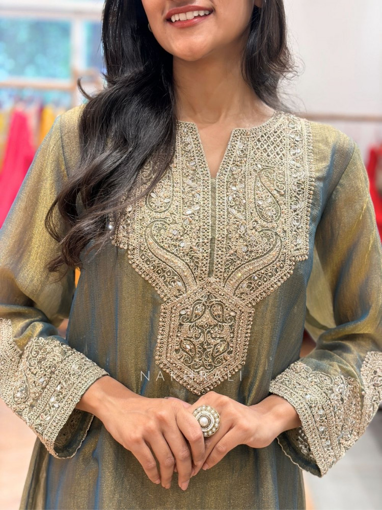 Image of Anchal Olive Green Suit Set with Mirror Pearl Embroidery