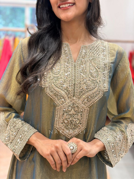 Anchal Olive Green Suit Set with Mirror Pearl Embroidery