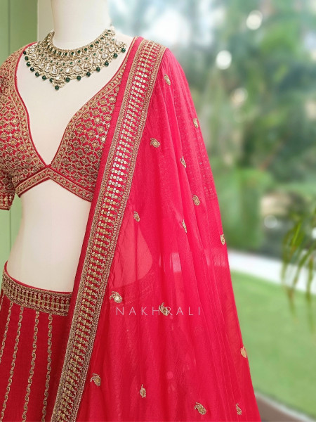 Afreen-Bagh Red Raw Silk or Satin-Georgette Bridal Lehenga