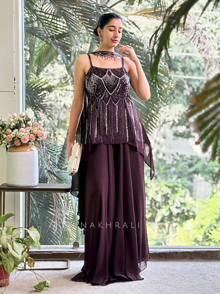 Glam Groove Wine Kurta Palazzo Set with Sequin & Cut Dana Work