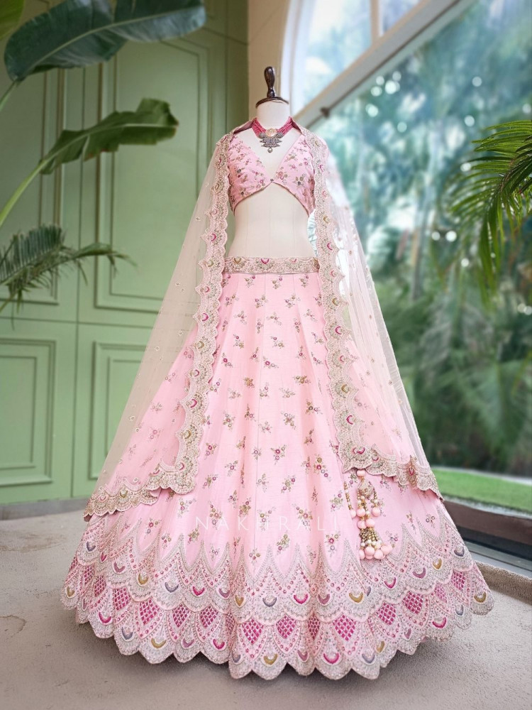 Image of Crown Pink Raw Silk &amp; Soft Net  Unstitched Lehenga