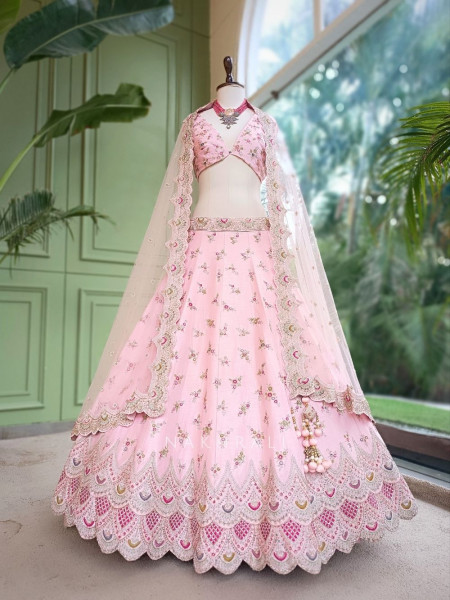 Crown Pink Raw Silk & Soft Net  Unstitched Lehenga