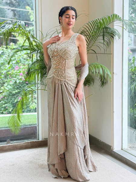 Vivienne Beige Metallic Georgette-Satin Blend Draped Saree