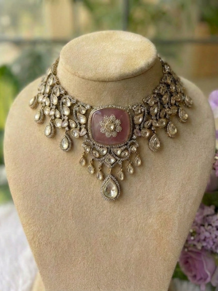 Padmarekha Pink Necklace Set With Stone-Encrusted Choker & Drop Detailing