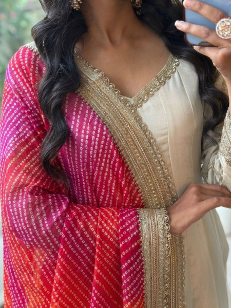 Malhar Magenta Anarkali and Sunrise Bandhani Set