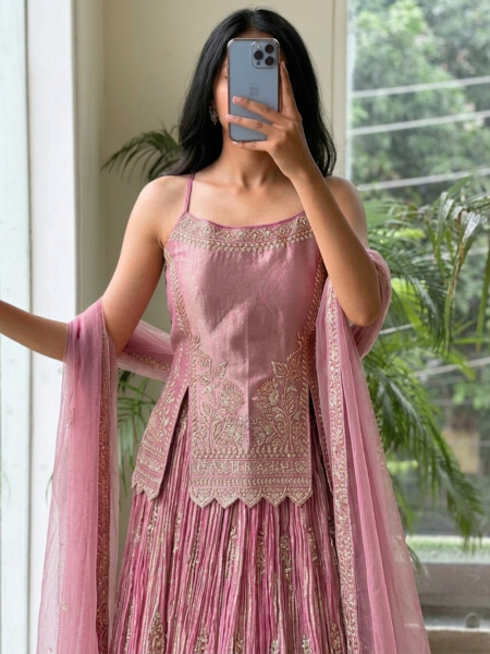 Cressida Pink Shimmer Tissue Indo-Western Lehenga