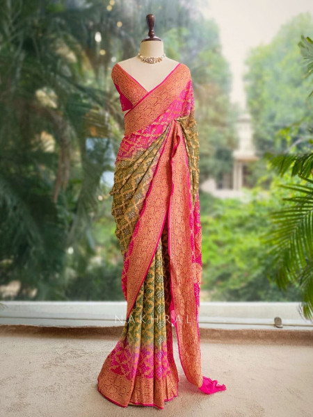 Ranjhimeen Green Khaddi Georgette Bandhani Saree with Zari Border