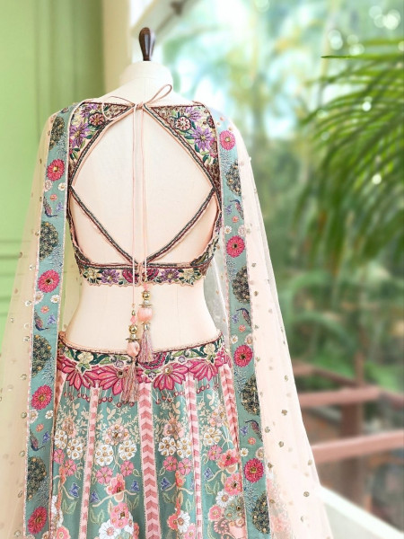 Carnira Peach Carnival Lehenga with Thread, Mirror, Sequin and Bead Work