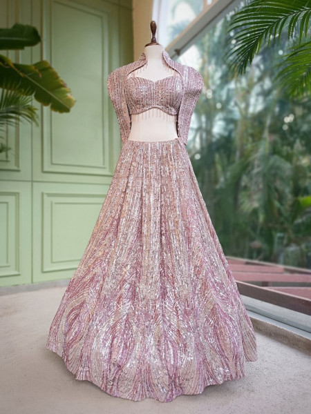 Prismora Peach Net Indo Western Lehenga Set with Sequin Cape and Crystal Tassels