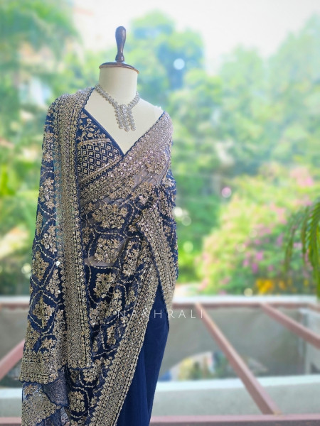 Tarangini Blue Net Saree With Cutdana and Sequin Work
