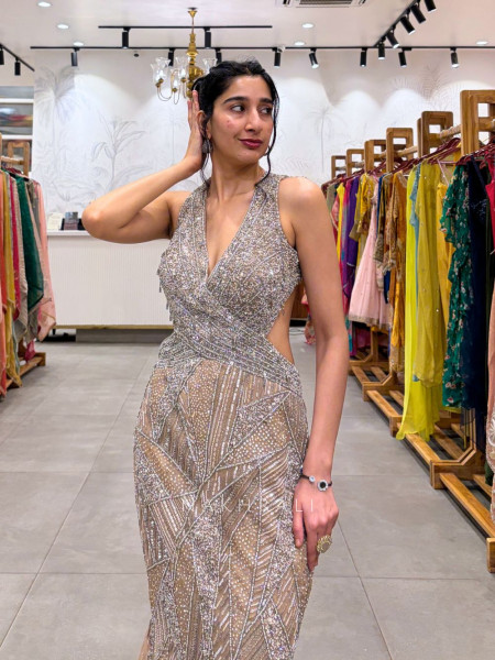 Elora Golden Sequin and Pearl Work Cocktail Gown