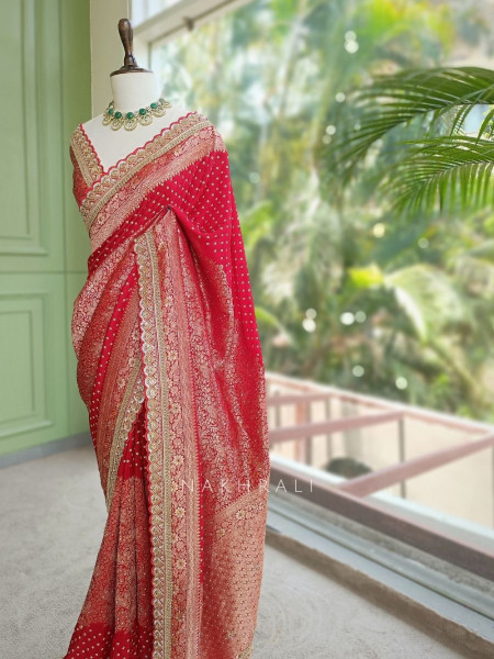 Dharini Red Pure Georgette Silk Blend Bandhani Saree with Banarasi Zari Border